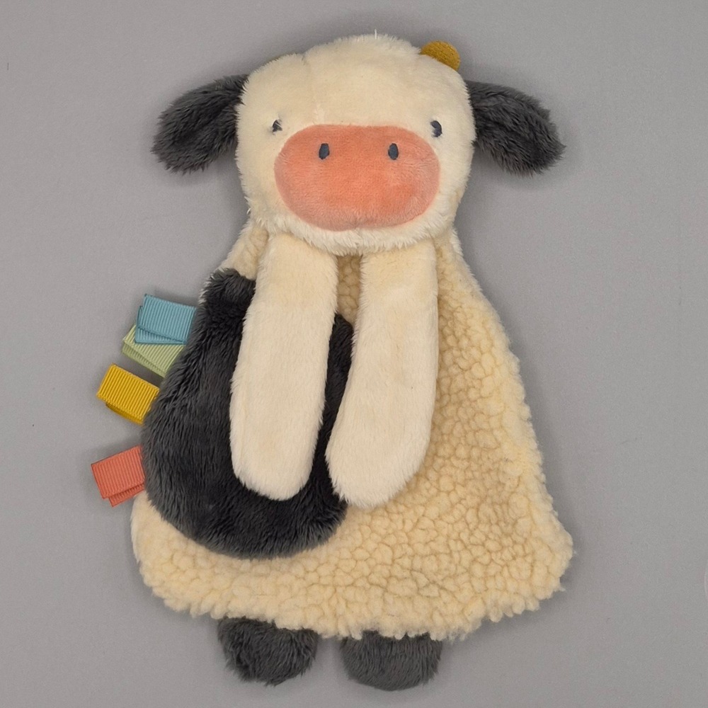Itzy Ritzy Cow Lovey Security Blanket Sensory Ribbons Sherpa Plush Crinkle Toy
